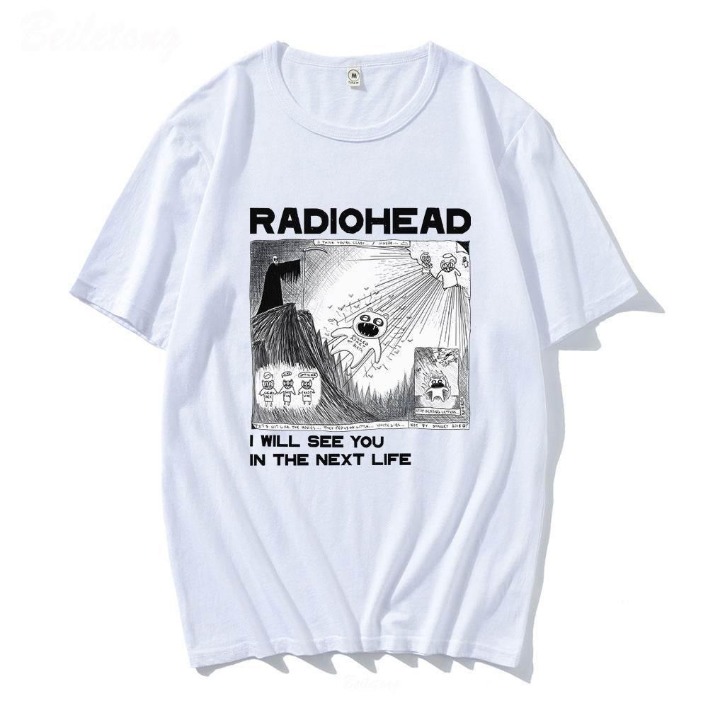 Fun Band Print Pattern Round Neck Short Sleeve Men's White