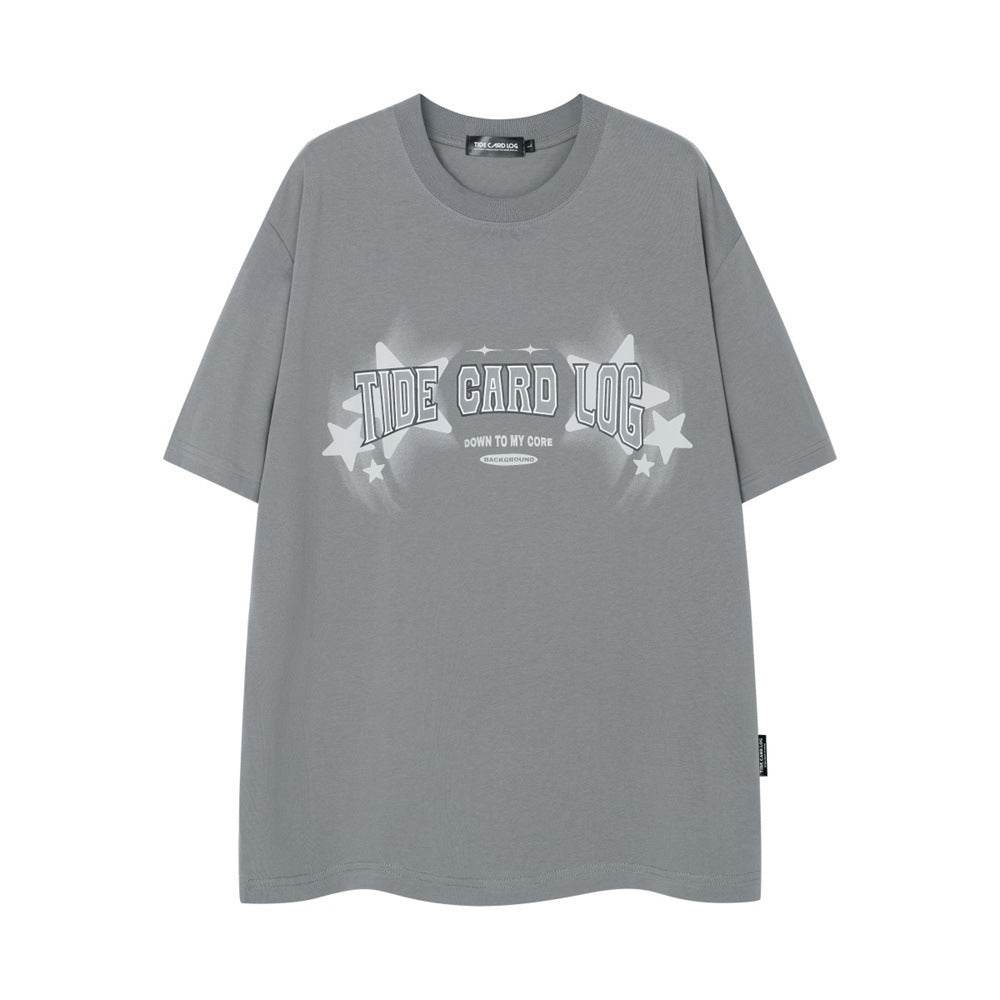 Five-pointed Star Fuzzy Printed Short-sleeved T-shirt Men's Loose Gray MuddyStock