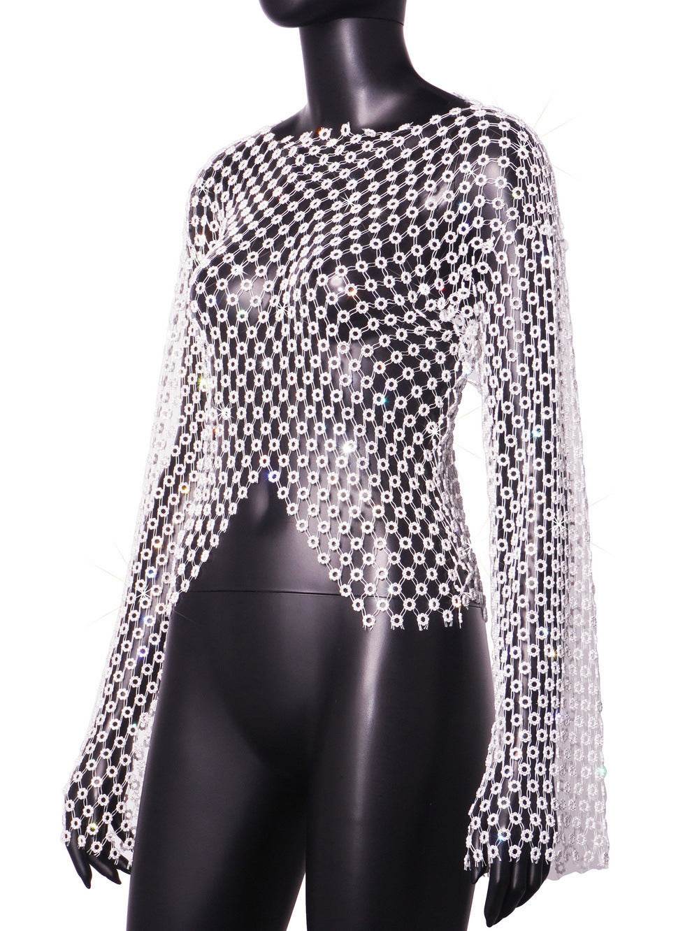 Women's Fashion Hollowed-out Mesh Rhinestone Small Top MuddyStock