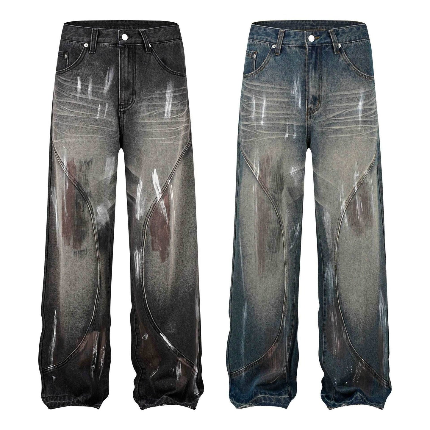 Retro Washed Distressed Graffiti Stitching Jeans Wide-leg Straight Trousers MuddyStock