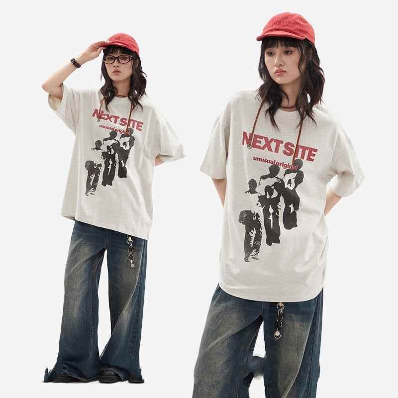 Character Abstract Graphic Print Crew Neck Short Sleeve For Women MuddyStock