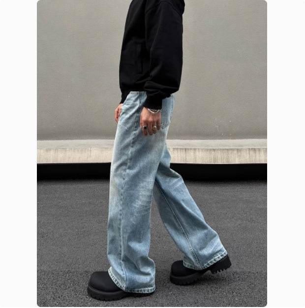 Men's Retro Whisker Washed Blue Straight Jeans