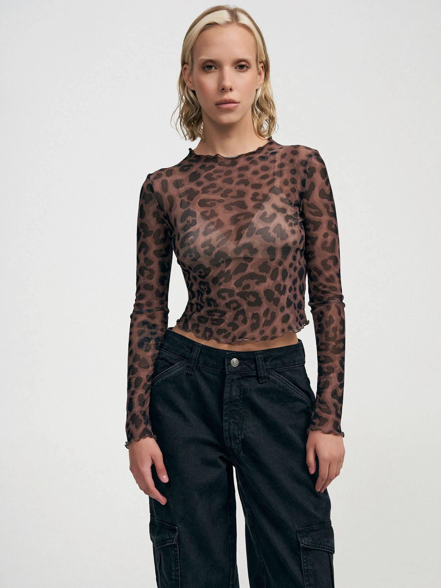 Women's Leopard-Print Mesh Printed Bodysuit T-Shirt Top Picture 1
