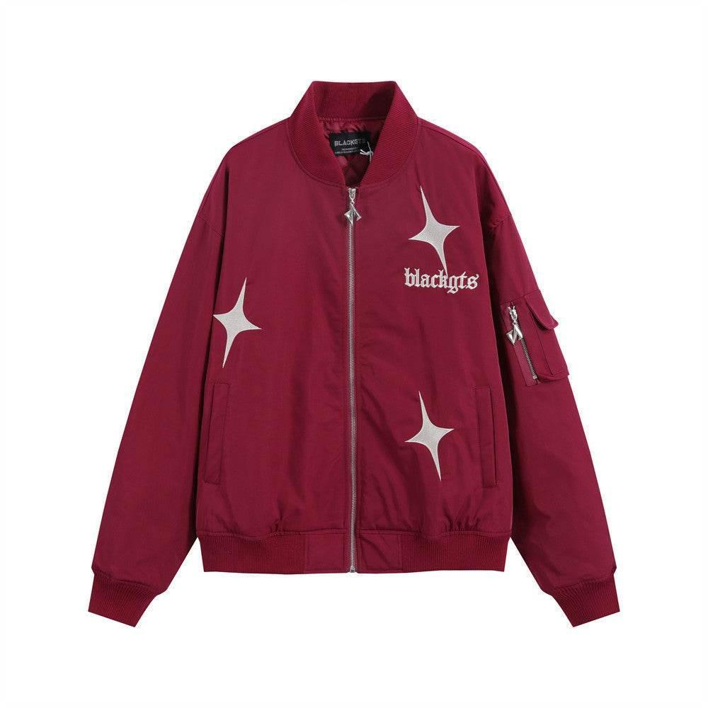 Star Letters Embroidered Stand Collar Zip Jacket For Men And Women Red