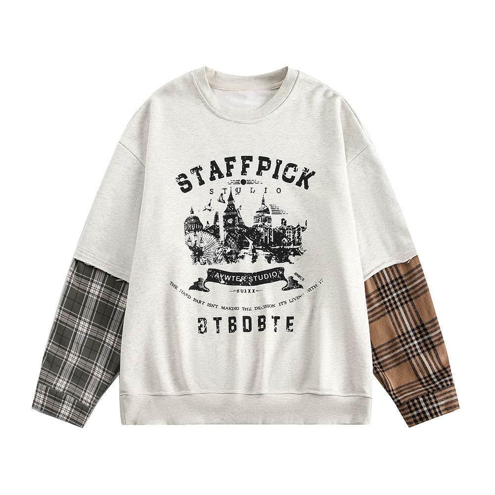 Retro City Printed Crew Neck Sweatshirt For Women Gray