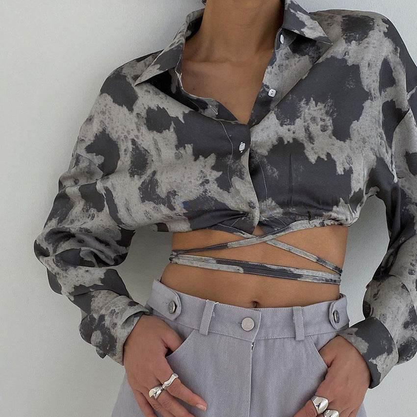 Women's Long Sleeve Tie Dye Lapel French Style Top
