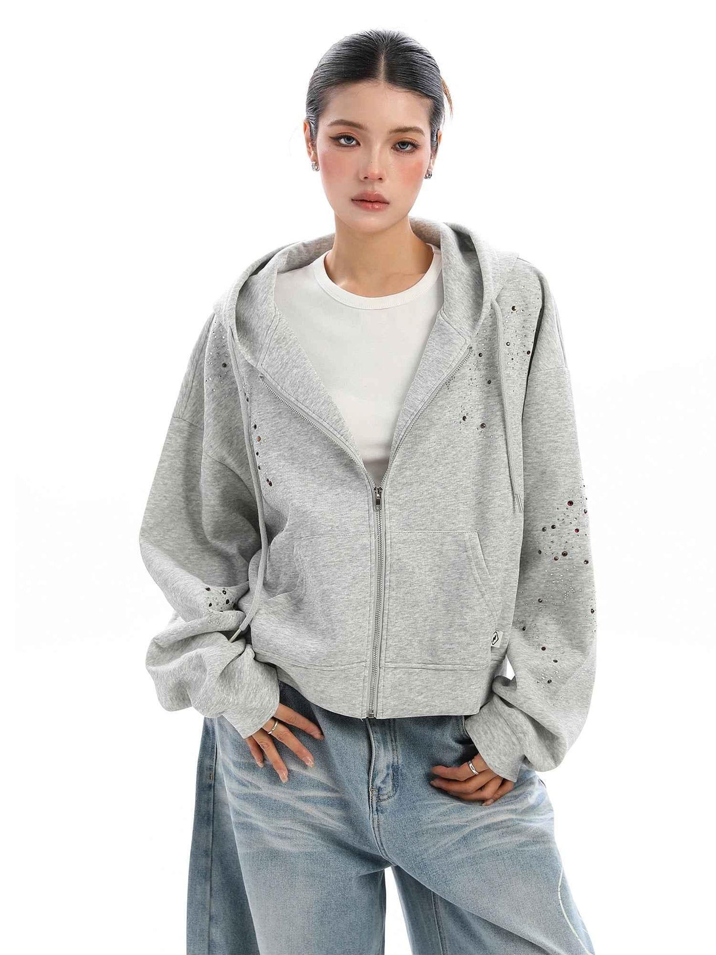 Starry Rhinestone Hoodie For Women Light gray
