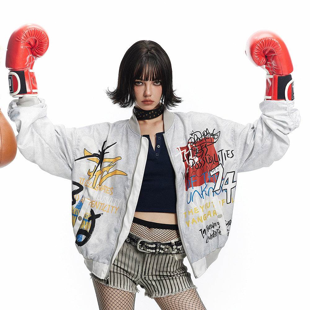 Printed Graffiti Letter Pilot Jacket For Women MuddyStock