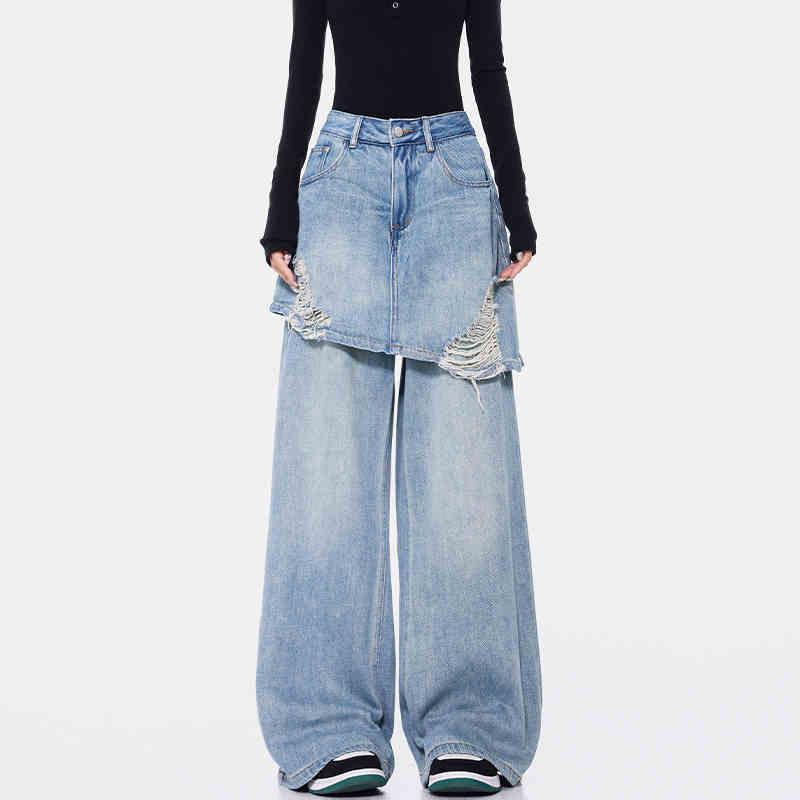 Vintage Blue Washed Fake Two-piece Jeans For Women Light Blue