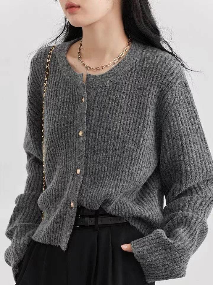 Autumn And Winter Simple Round Neck Knitted Cardigan Gray Free Size MuddyStock
