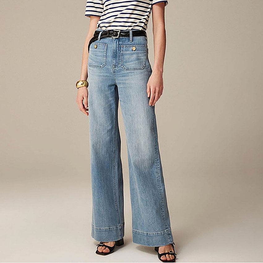 Women's Loose Leisure Washed-out Button Wide-leg Skinny Jeans Light Blue Regular MuddyStock