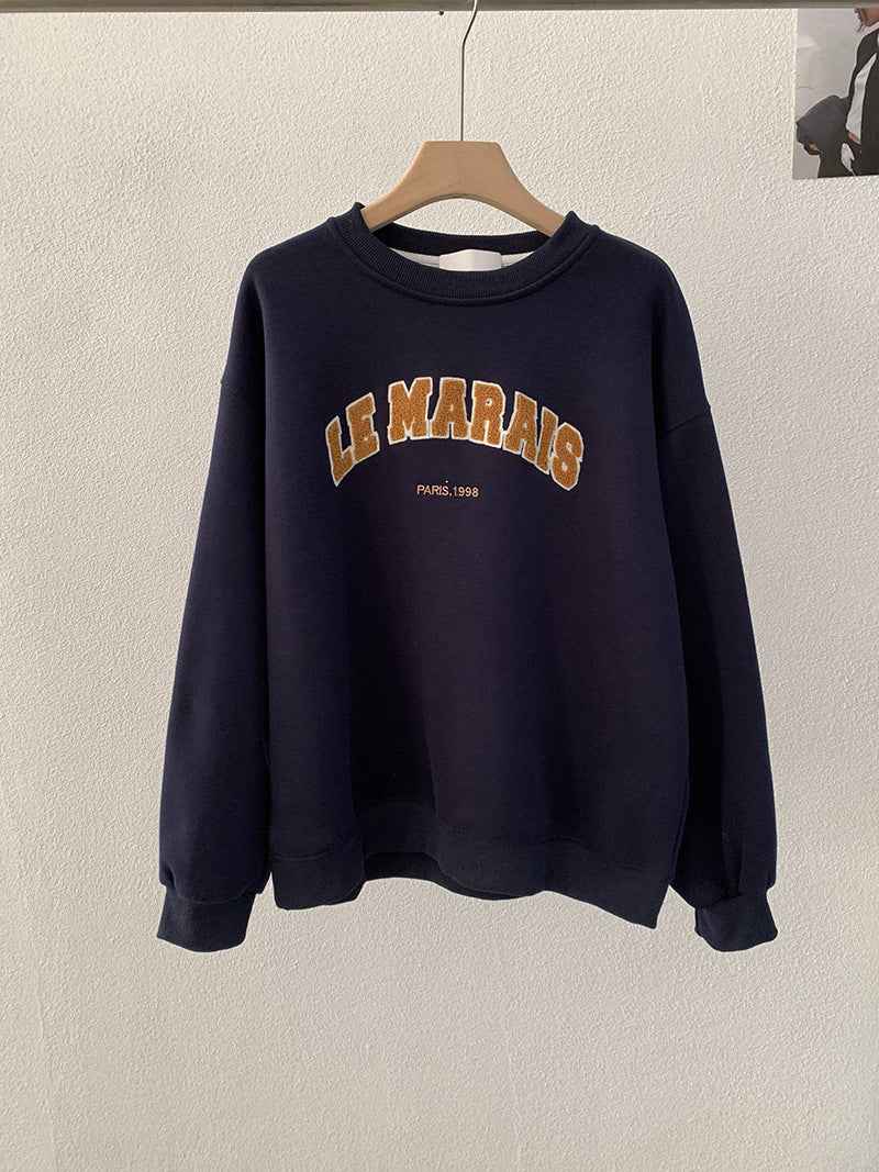 Round Neck Towel Embroidery Letter Fleece Long Sleeve Sweatshirt Loose Warm Hooded Top for Women Royal Blue One Size eprolo