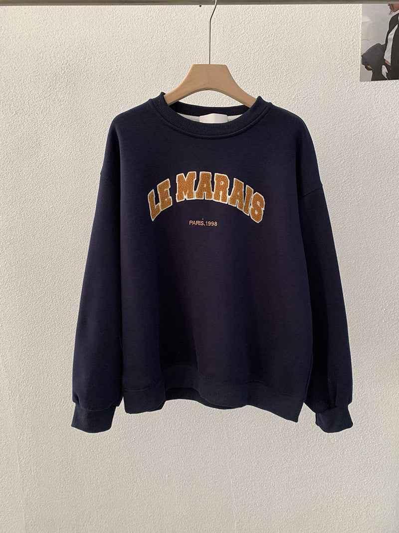 Round Neck Embroidery Letter Fleece Long Sleeve Sweatshirt For Women | MuddyStock Originals Royal Blue One Size
