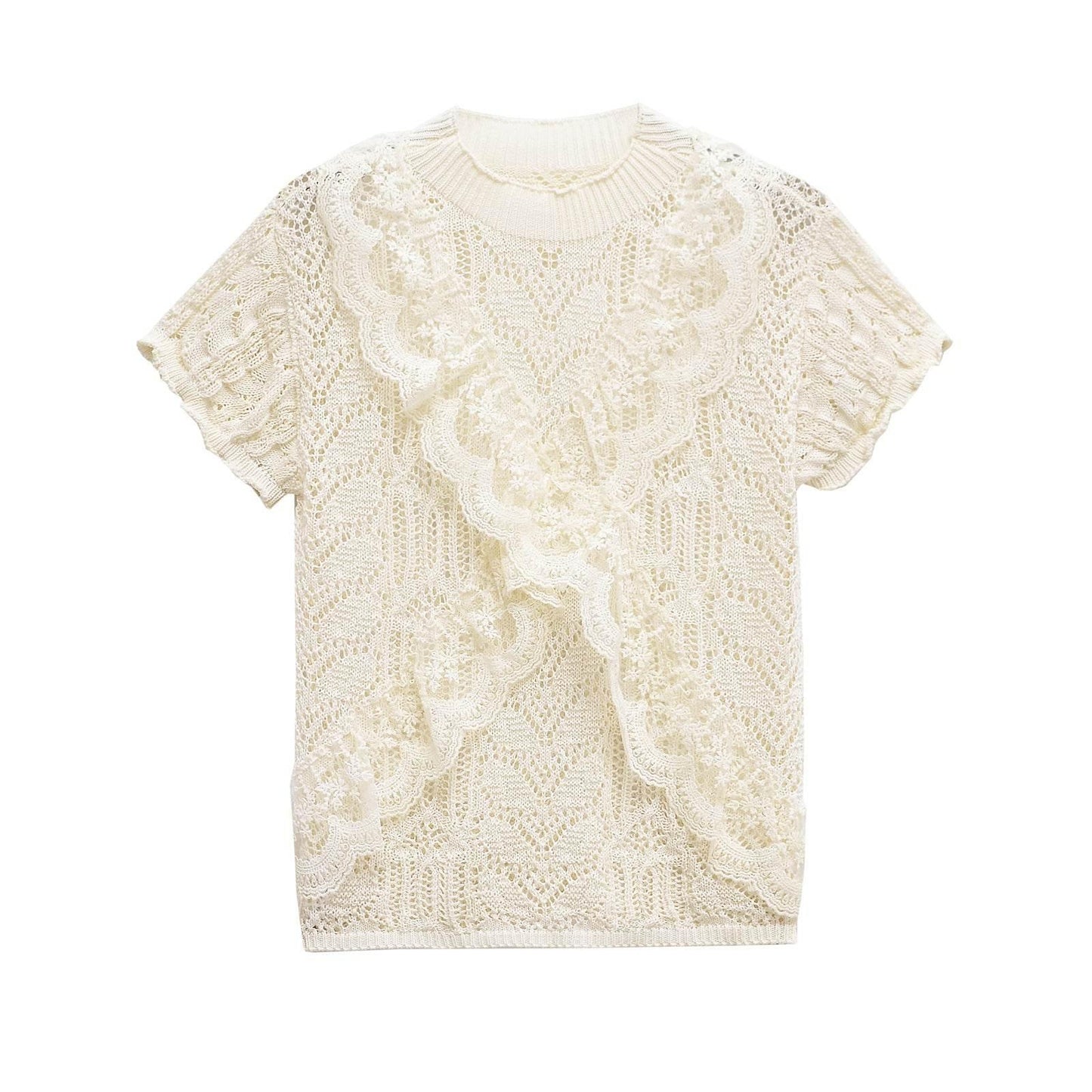 Round neck short sleeved jacquard mesh hollowed out T-shirt top for women | MuddyStock Originals