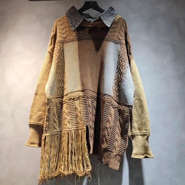 Women's Tassel Splicing Knitted Sweater Loose Top | MuddyStock Originals Yellow+coffee One Size MuddyStock