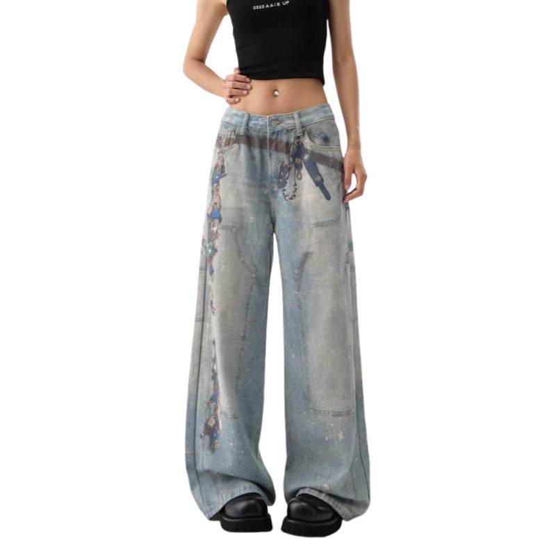 Women's American-style Retro Washed Wide-leg Pants Retro Blue MuddyStock