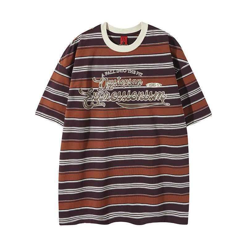 Summer New Letter Print Stripe Color Block Short Sleeve T-Shirt For Men And Women | MuddyStock Originals Khaki
