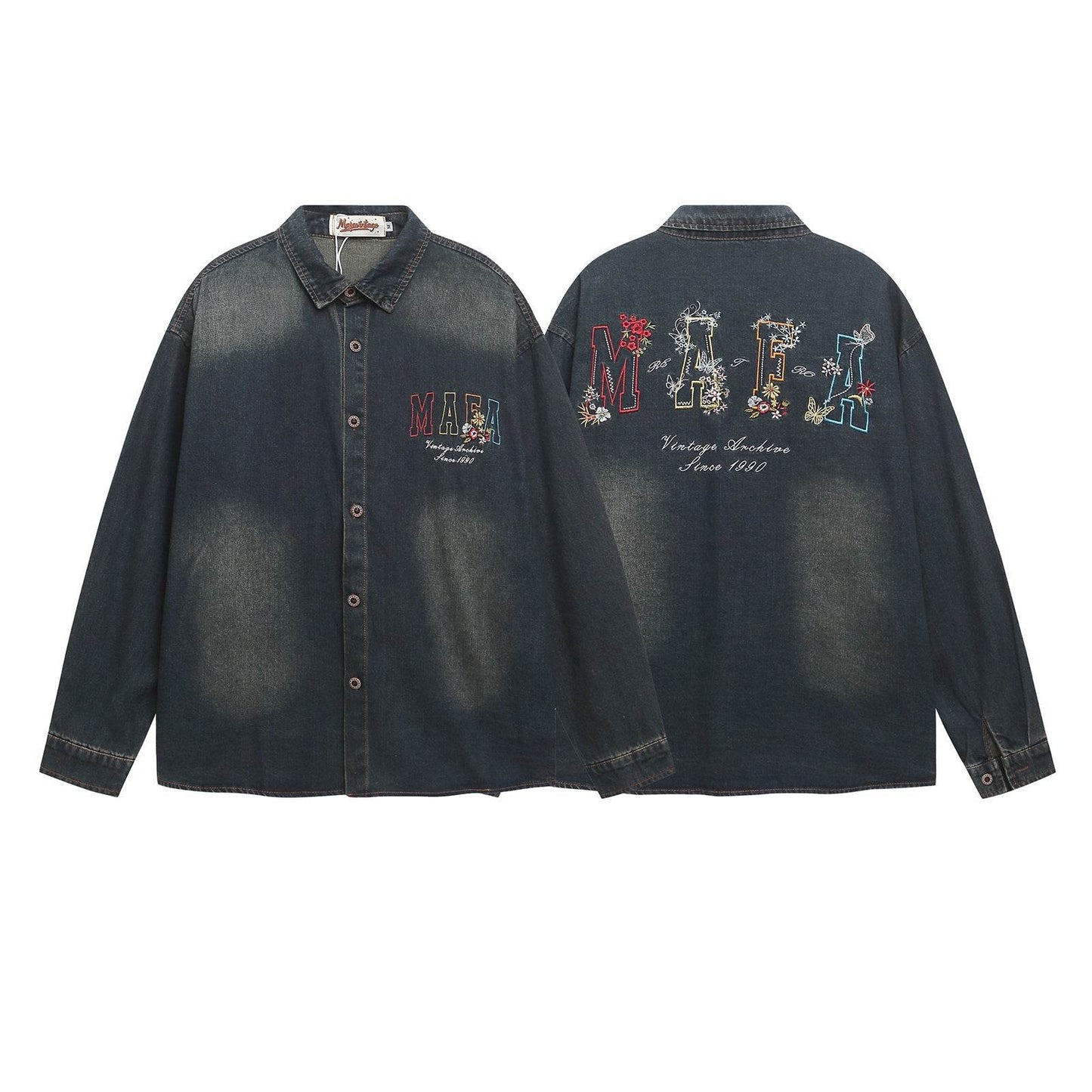 Floral Letter Embroidered Long Sleeve Denim Shirt For Men And Women | MuddyStock Originals MuddyStock