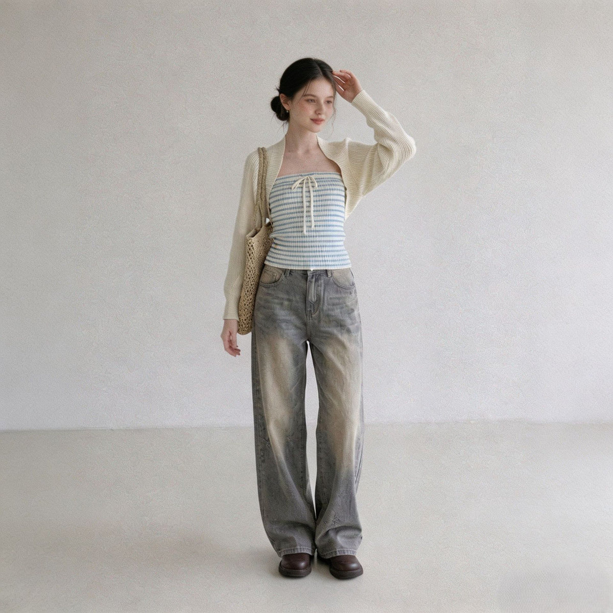 Apricot Knitted Cardigan Jacket with Camisole Set