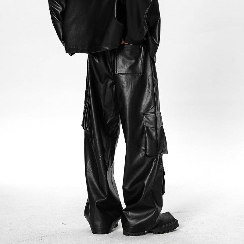 Men's Loose Straight Casual American Retro Street PU Leather Pants MuddyStock