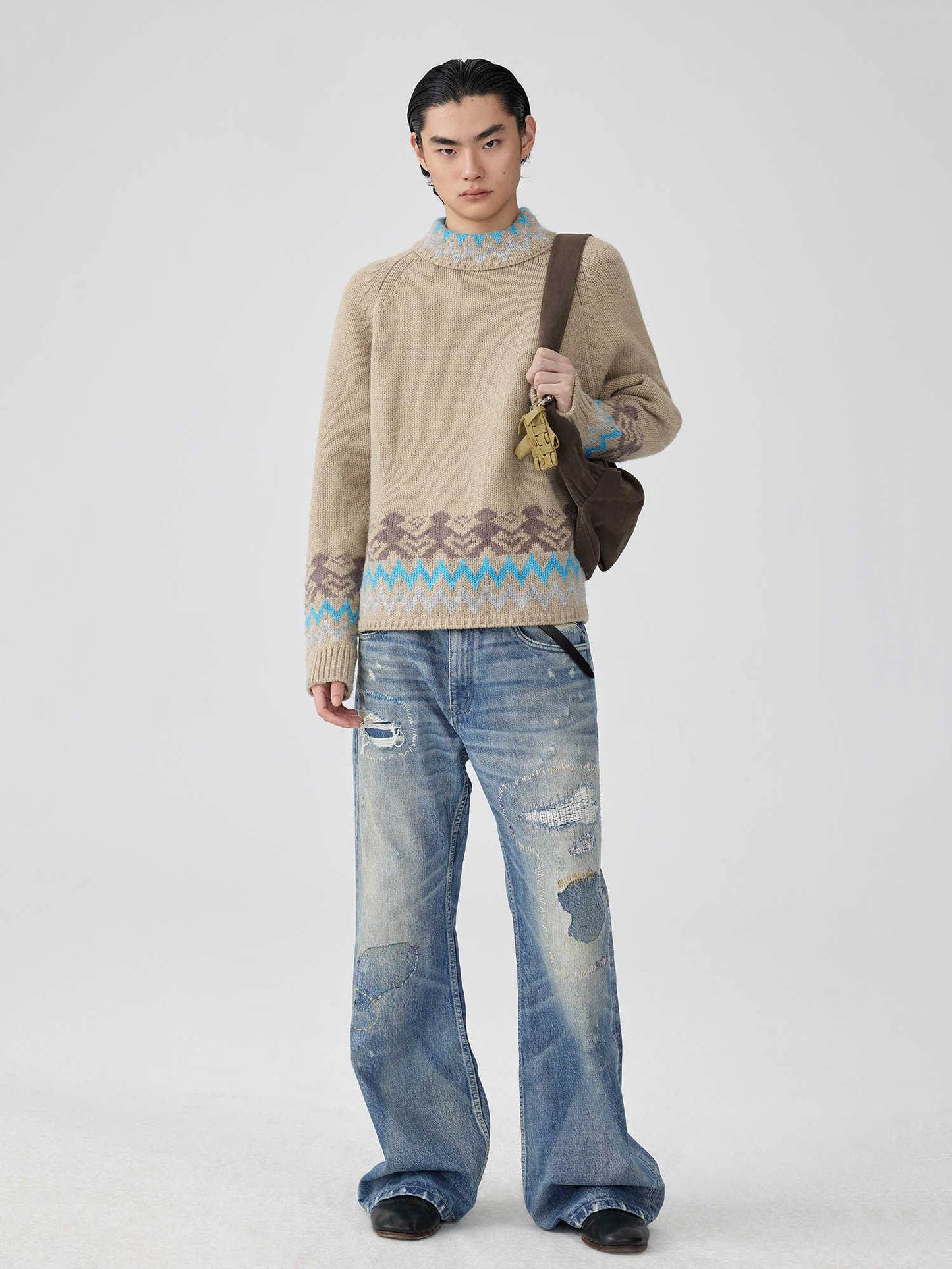 Washed Blue Patch Color Wire-track Flared Jeans For Men And Women MuddyStock