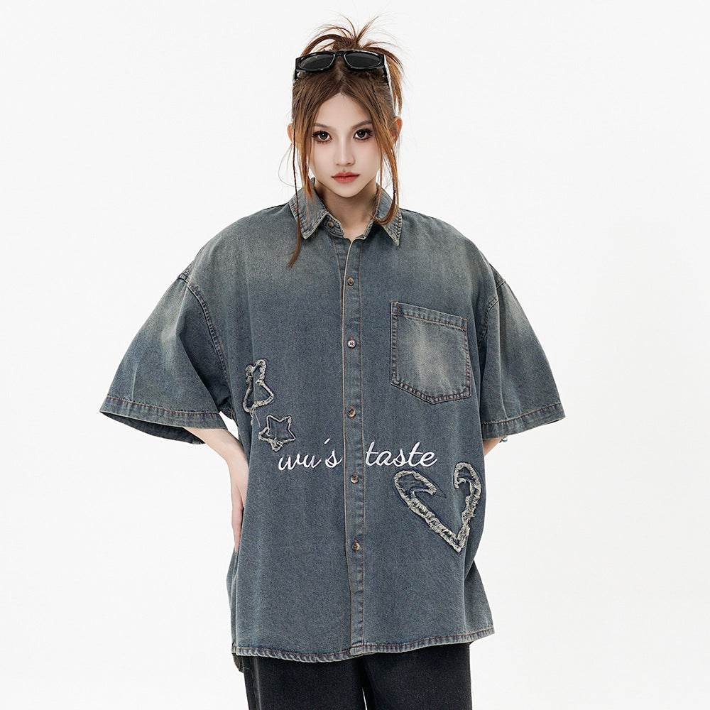 Fashion Punk Denim Short Sleeve Shirt Women MuddyStock