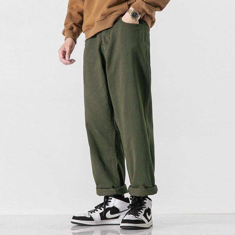 Retro Solid Color Loose Straight Trousers Army Green 1K758 1 MuddyStock