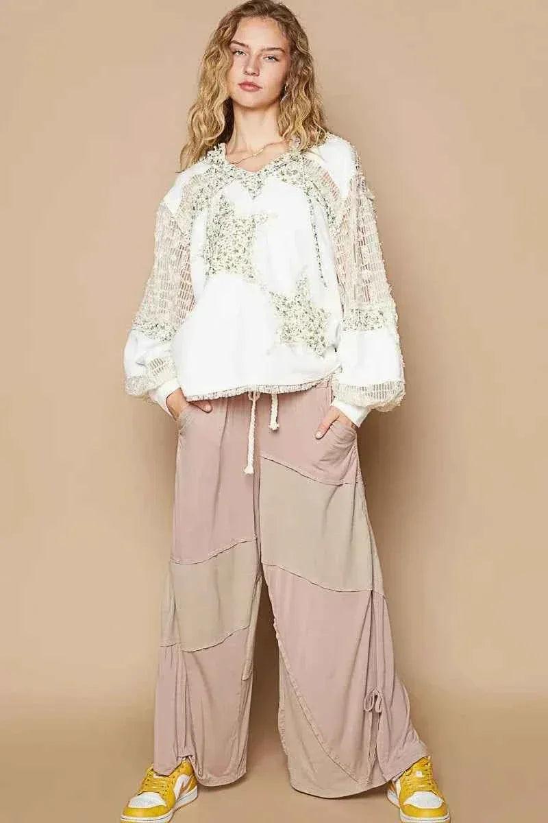 Star Patch Lace Contrast Long Sleeve Hooded Top For Women