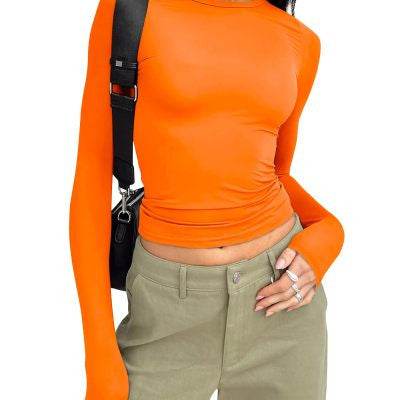 Women's Clothing Fashion Slim Long-sleeved Pullovers Tops Solid Causal Fit Shirts Orange MuddyStock