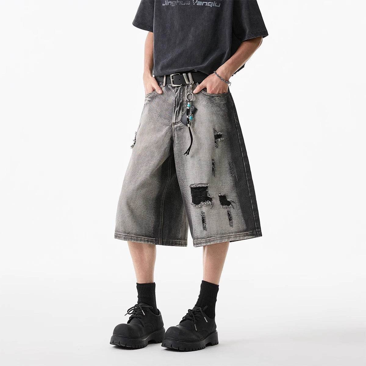 High Street Washed Hole Denim Shorts For Men MuddyStock