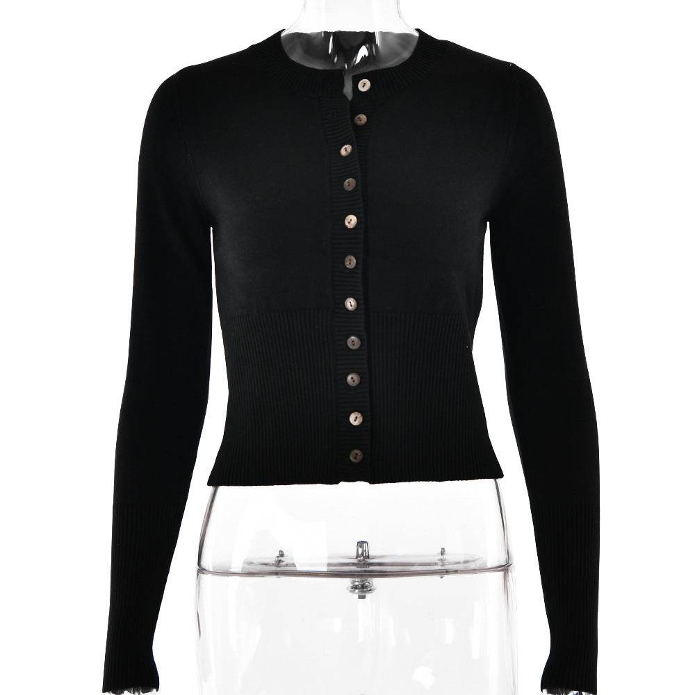 Women's Knitted Long Sleeve Slim Round Neck Top Black MuddyStock