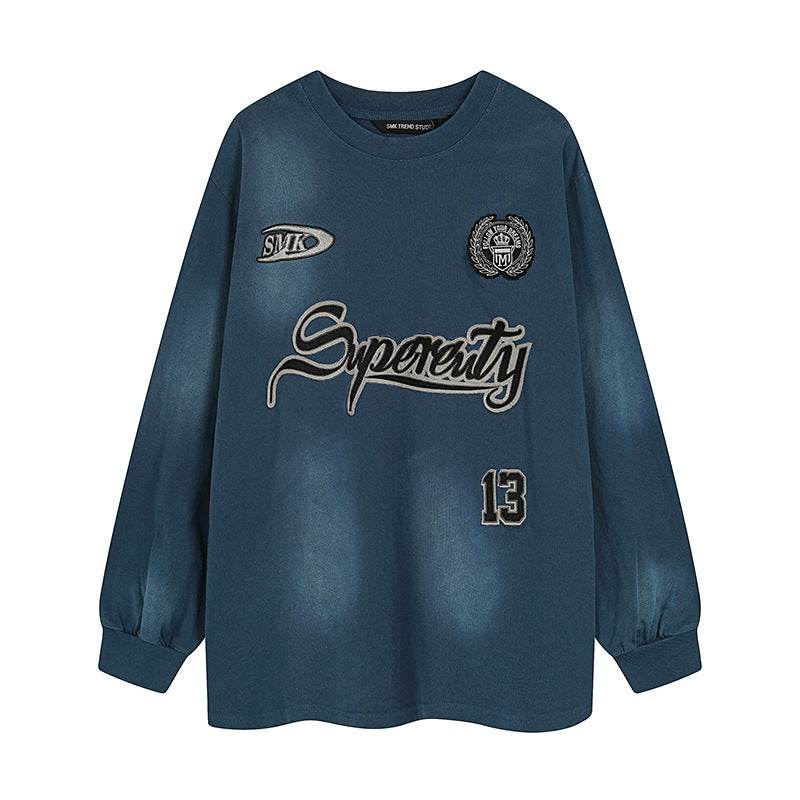 Washed patchwork embroidered sportswear round neck sweatshirt For Women | MuddyStock Originals Blue MuddyStock