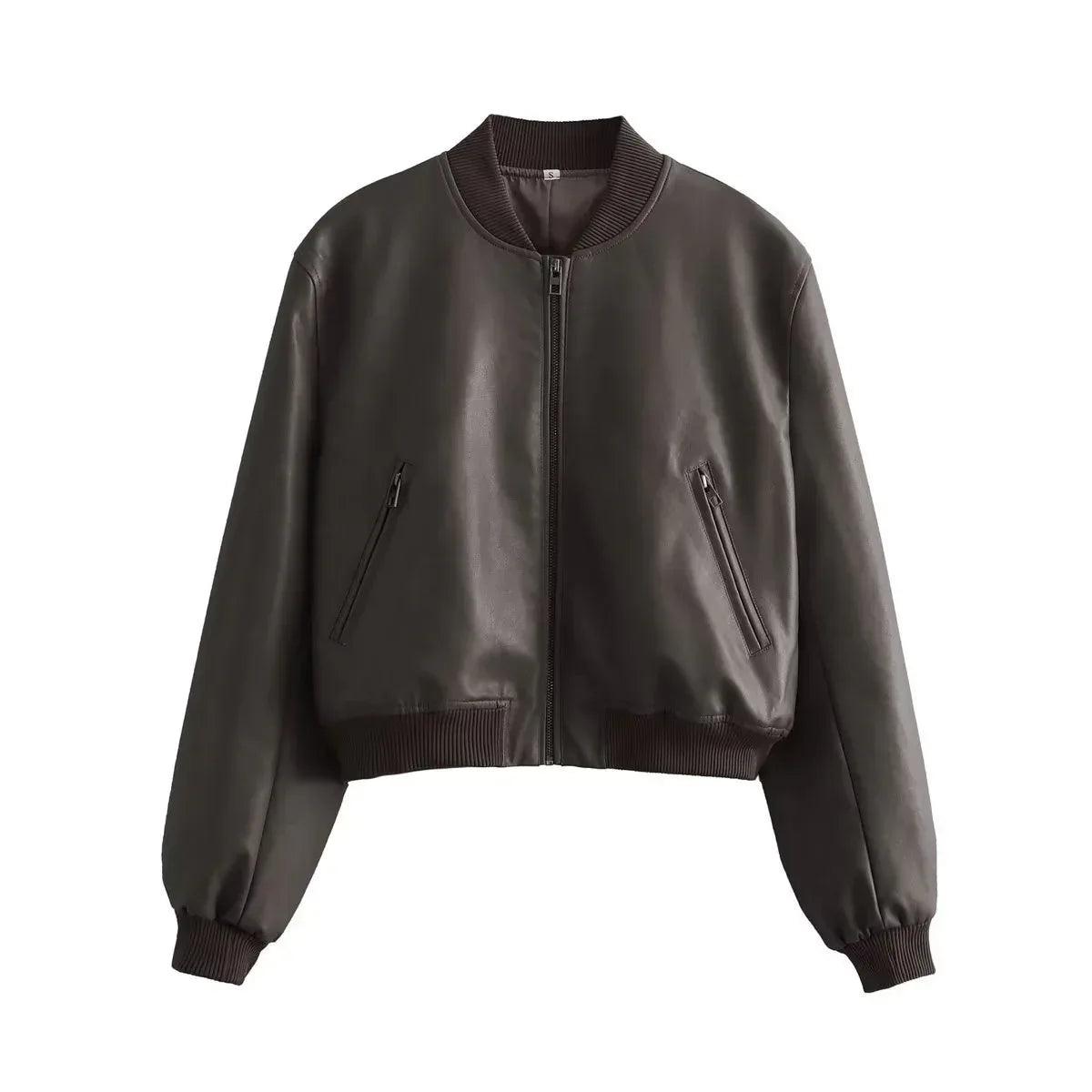 Women's Stand Collar Motorcycle Pilot Jacket Tan