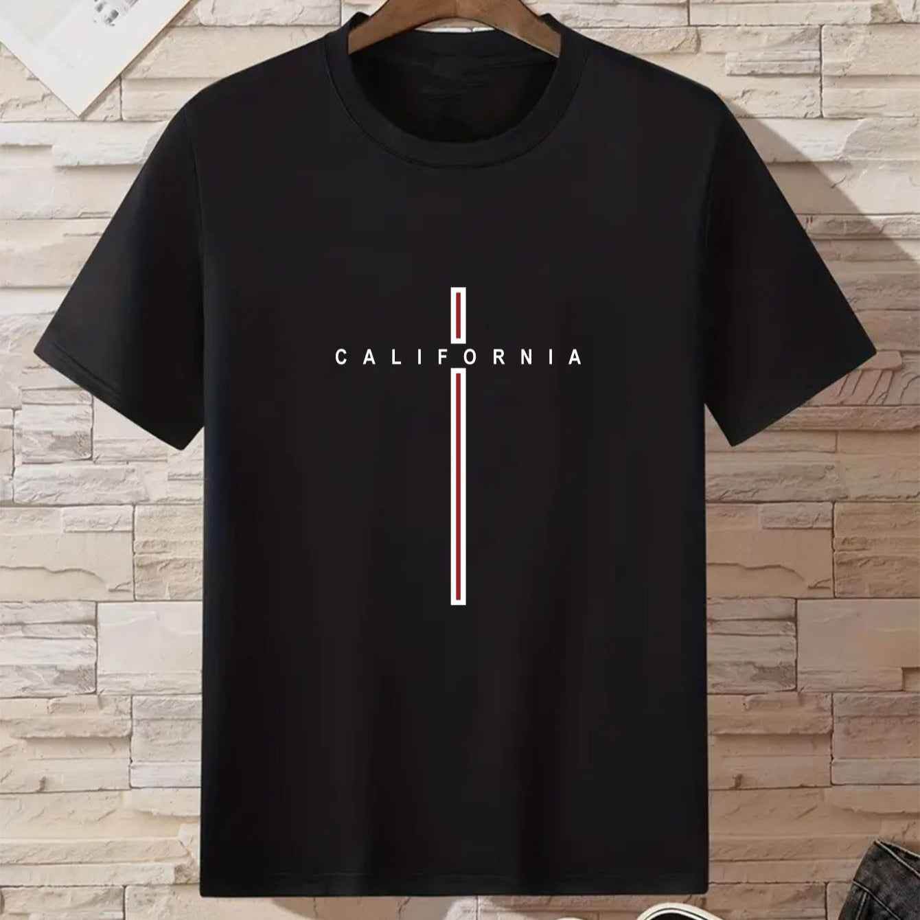 Men's Letter Vertical Line Printing Casual All-match Short-sleeved Black MuddyStock