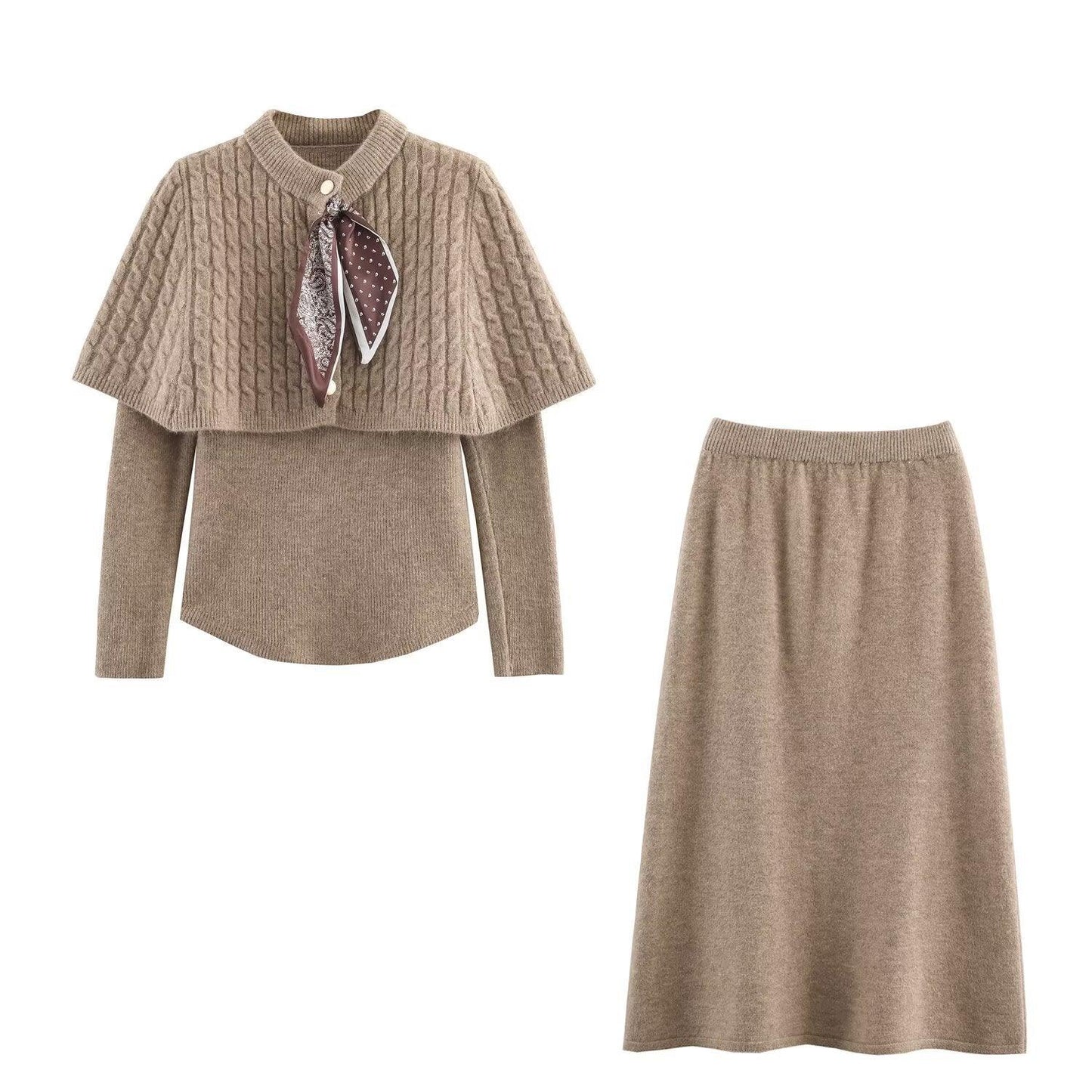 Women's Knit Three-Piece Set with Scarf Sleeve Top and Matching Pants | MuddyStock Originals Camel Color Set