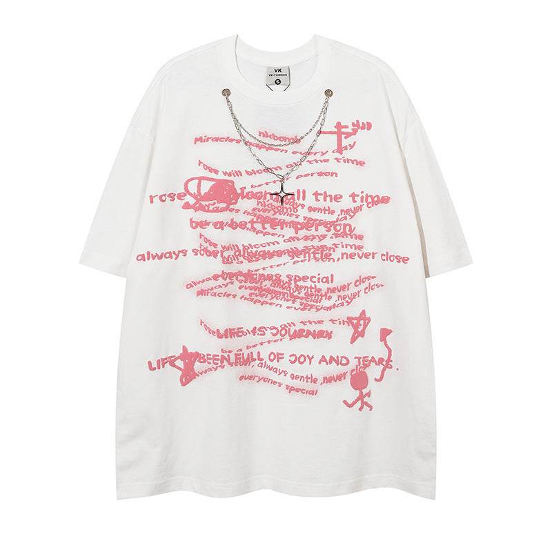 Letter Necklace Short Sleeve T-shirt For Men And Women White MuddyStock