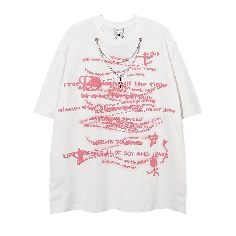 Letter Necklace Short Sleeve T-shirt For Men And Women White