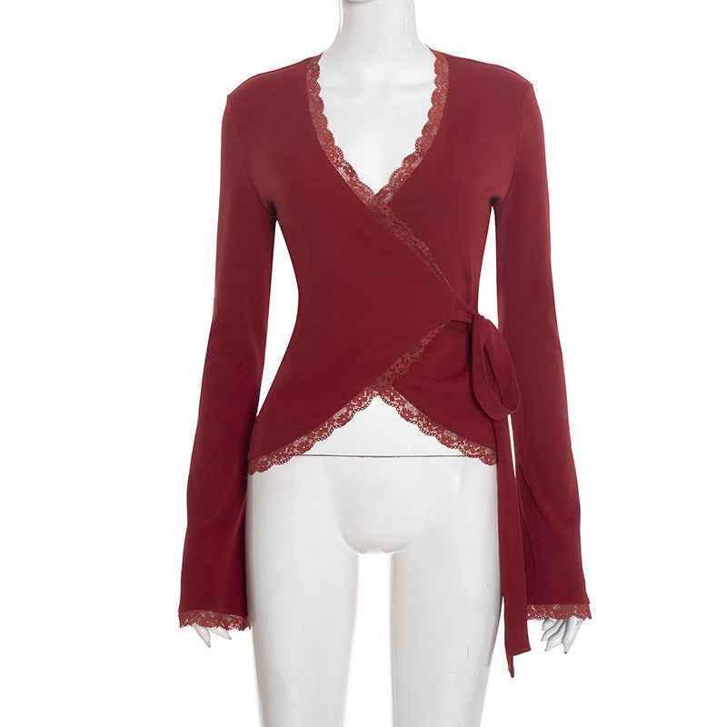 New Deep V-neck Cross-front Tie Lace Trim Top For Women Red