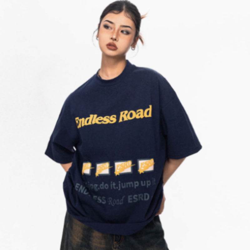 Women's Printed Cotton Short-sleeved T-shirt Purplish Blue MuddyStock