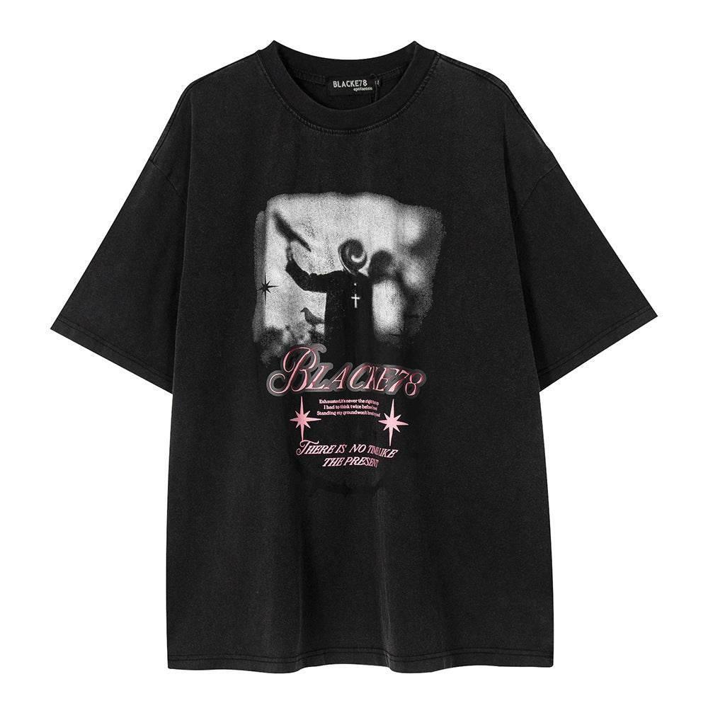 Men's Summer Pure Cotton Half Sleeve T-shirt Retro Black
