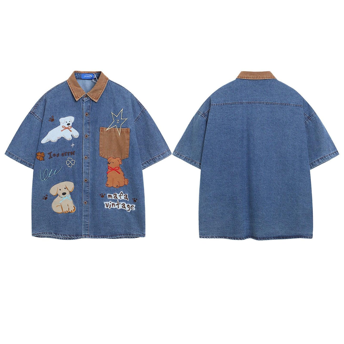 Retro Spliced Corduroy Applique Dog Short Sleeve Shirt for Men and Women | MuddyStock Originals