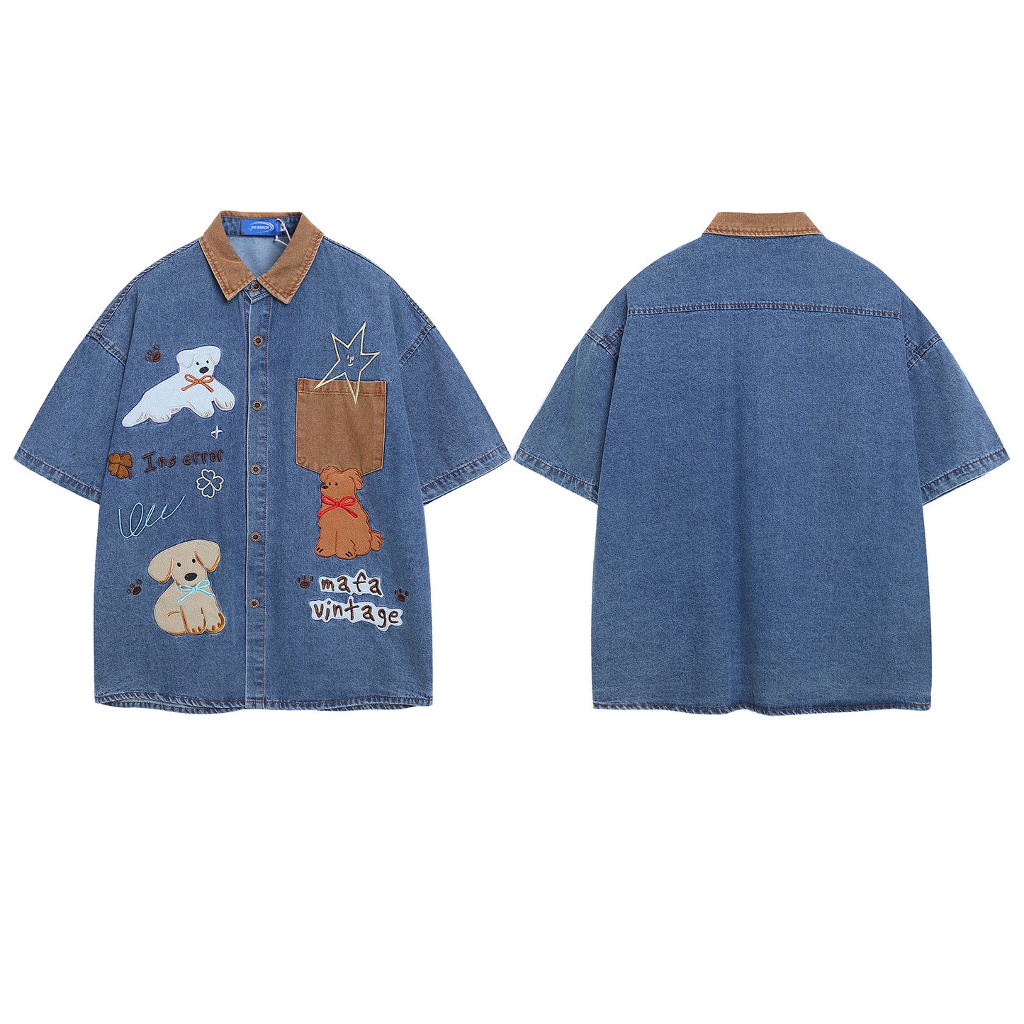 Retro Spliced Corduroy Applique Dog Short Sleeve Shirt for Men and Women | MuddyStock Originals eprolo