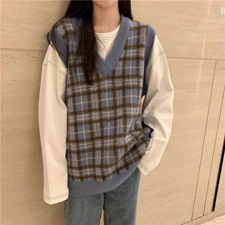 Plaid Knitted Loose V-Neck Sweater For Women MuddyStock