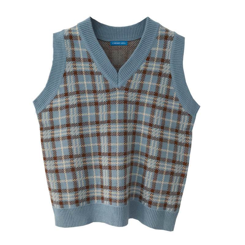 Plaid Knitted Loose V-Neck Sweater For Women Blue OneSize MuddyStock