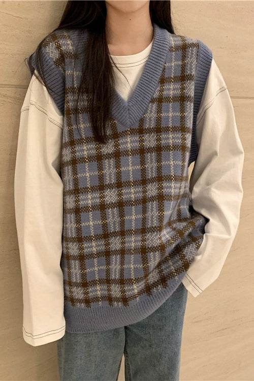 Plaid Knitted Loose V-Neck Sweater For Women MuddyStock