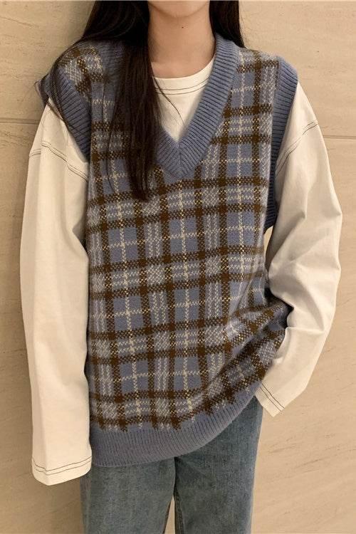 Plaid Knitted Loose V-Neck Sweater For Women