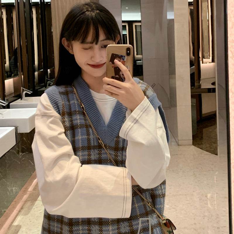 Plaid Knitted Loose V-Neck Sweater For Women MuddyStock