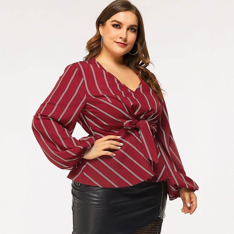 Long-sleeved V-neck Slim-fit Blouse Red