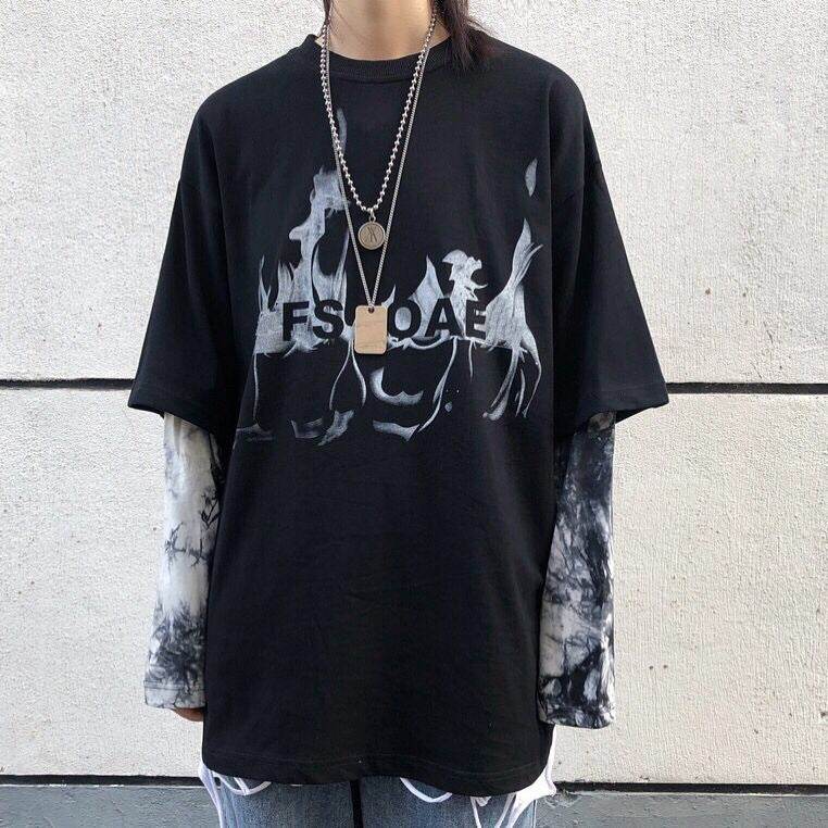 Street Personality Tie-Dye Flame Print Shirt MuddyStock