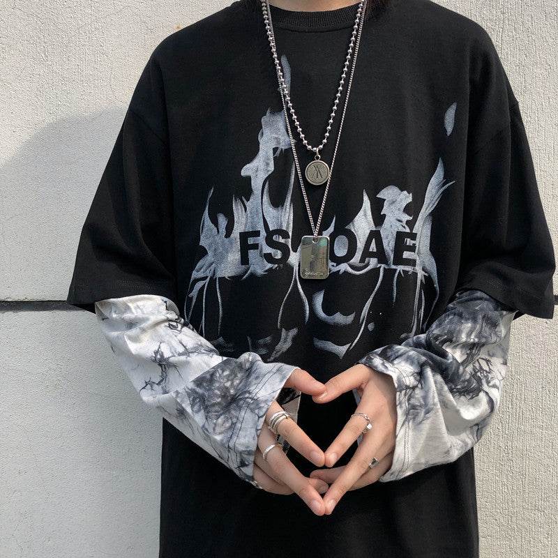 Street Personality Tie-Dye Flame Print Shirt Black MuddyStock